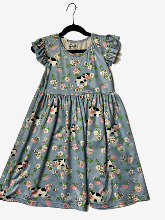 Girls Floral & Cow Print Ruffle Dress